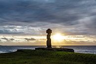 Sunset at the statues of Easter Island (Ahu Tahai) with the Pacific Ocean with clouds in the backgro by WorldWidePhotoWeb thumbnail