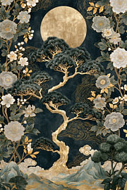 Goldene Kiefer bei Vollmond mit Blüten von Digitale Schilderijen