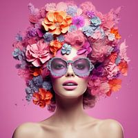 Very beautiful woman covered in tropical flowers in hi fashion style