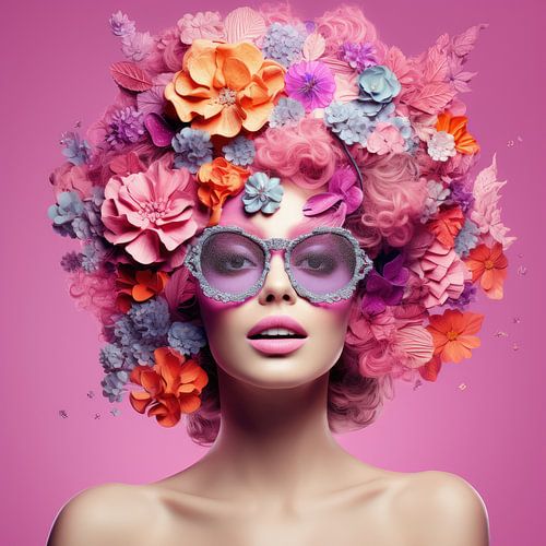 Very beautiful woman covered in tropical flowers in hi fashion style