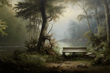 Resting point in forest by lake; The Perfect Sitting Place by Karina Brouwer