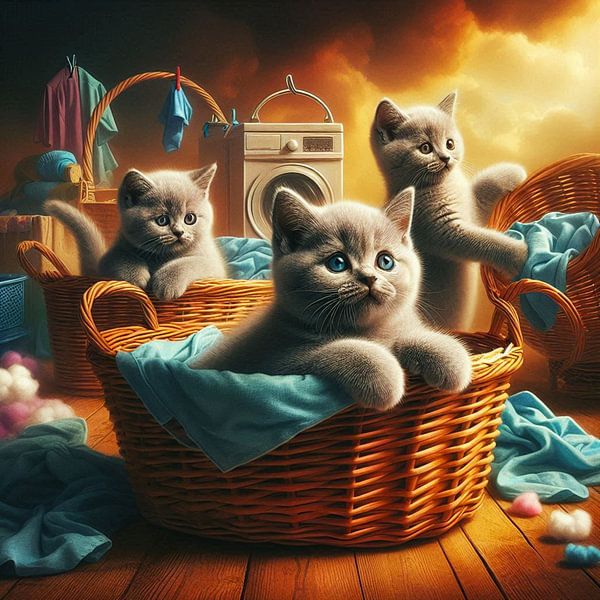 3 chatons british shorthair occupés à faire la lessive par Bernhard Karssies