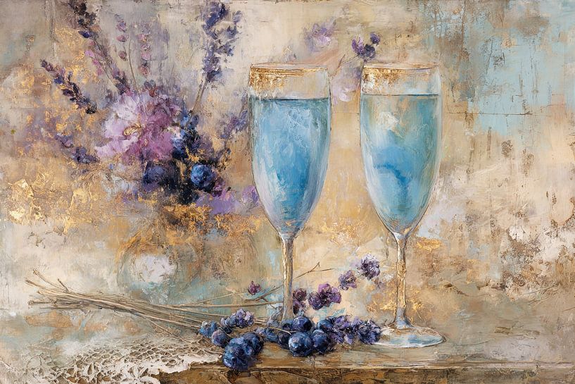 Coupes de champagne et lavande - Œuvre d'art mystérieuse par Joriali photographie et peintures