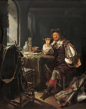 Een interieur met een soldaat die een pijp rookt, Frans van Mieris