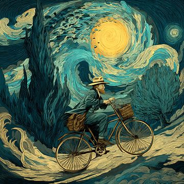 Man fietst door de sterrenhemel van Aden Pink Studio