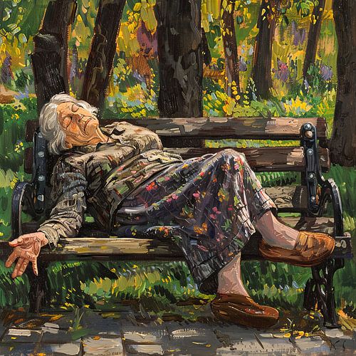 Silence dans le parc - femme endormie sur un banc