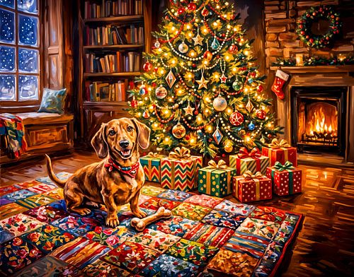 Dachshund Resting Beside Cozy Christmas Tree Fireplace