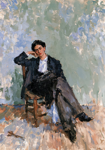 Portrait of Frida – Woman in a men’s suit sitting on a wooden chair