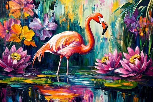 Colourful flamingo in a sea of flowers