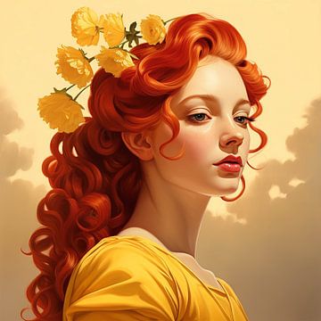 Frau mit gelben Blumen in ihrem roten Haar von Laila Bakker
