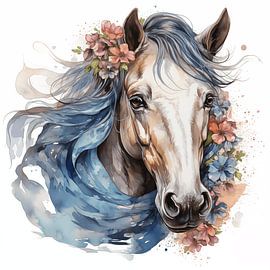 Porträt eines Pferdes, Aquarell-Kunstdesign und buntes Kopftuch und Blumen