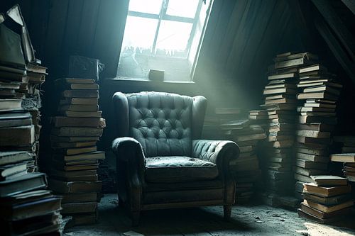 Vintage boekenhoek op zolder