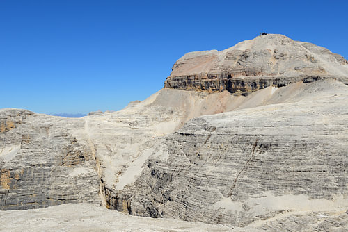The Sella peak, Piz Boè, in the rugged limestone landscape of the Dolomites