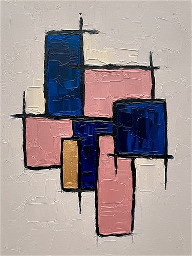 Minimalistisch en abstract kunstwerk in  beige, blauw, zalm en goud