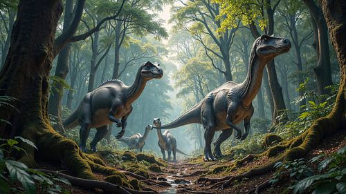 PRIMORDIUM – Een Groep Dinosauriërs op Zoek naar Voedsel in het Bos