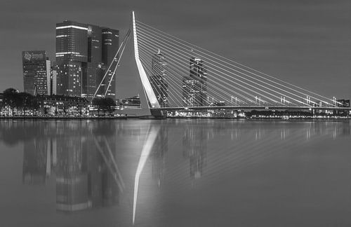 Skyline van Rotterdam met Erasmusbrug in zwart-wit.