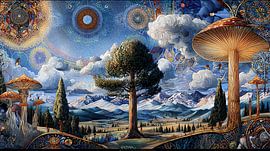 Abstrakte Landschaft mit Wald und Hügeln, Surrealismus