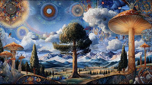 Abstract landschap met bos en heuvels, surrealisme