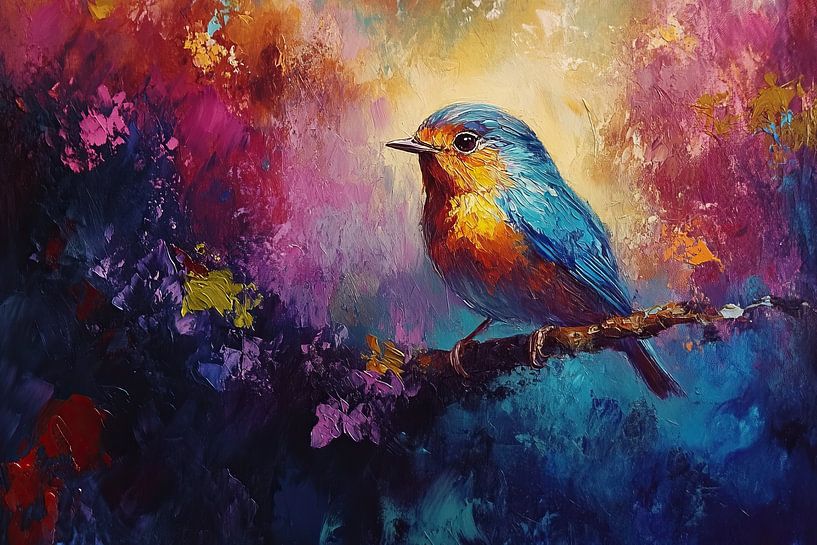 Gartenvogel | Bunter Vogel mit Zweig von Abstraktes Gemälde