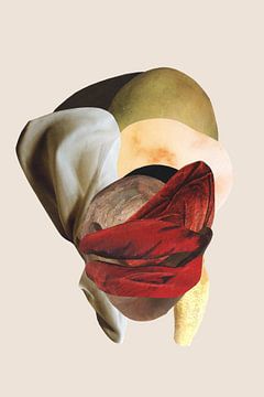 Masker van verblinde hunkering, een collage gezicht smacht naar aandacht in beige tinten en opvallende rode lippen. van Beautiful Thrills