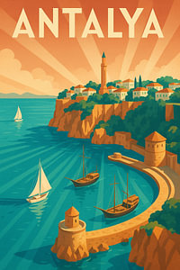 Antalya Art Deco Travel Poster - Mittelmeerhafen