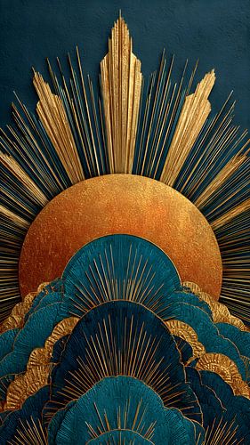 Golden Sunrise Over Teal Waves - Neo Deco Abstract Art