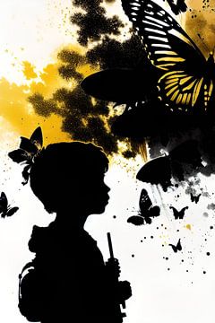 Het silhouet van een kind en de gouden vlinder van ButterflyPix
