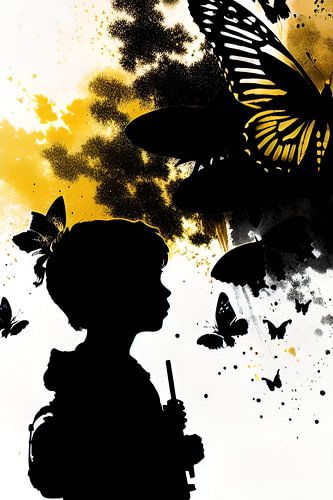 Die Silhouette eines Kindes und der goldene Schmetterling