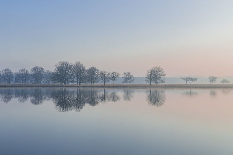 Zonsopgang - Serene weerspiegeling van bomen in het water - 1 van Yvon van der Laan