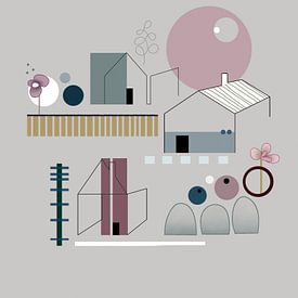 Graphic, minimalistic, modern print of a landscape with houses and trees by Charlotte Hortensius