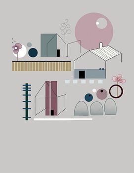 Minimalistische, abstrakte Landschaft mit Häusern, Bäumen und Blumen. 