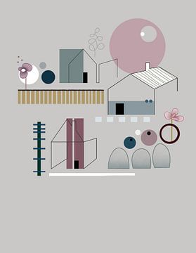 Graphic, minimalistic, modern print of a landscape with houses and trees