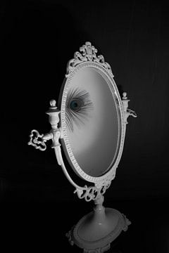 reflectie van een pauwenveer in een vintage spiegel gedeeltelijk in kleur van Aan Kant