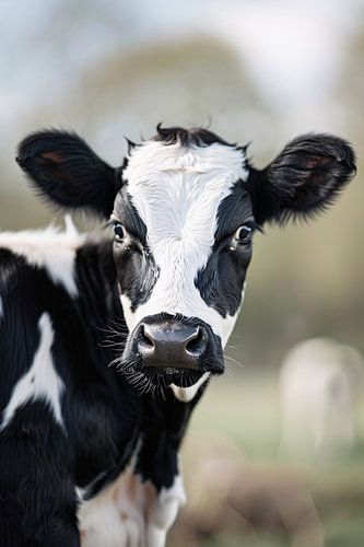 Zwart-Wit Portret van een Nieuwsgierig Kalf