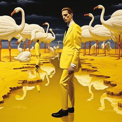 Surrealistische mannen geel water witte vogels flamingo's