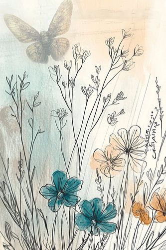 Wilde bloemen en vlinder – abstracte natuurposter