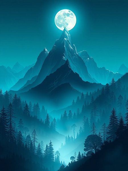 Montée majestueuse de minuit : Une pleine lune lumineuse illuminant une montagne mystique par Artistic