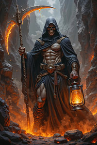 Dark Fantasy Wandbild: DRAKMORTH – Ein Sensenmann wandert mit seiner Sense und einer Laterne