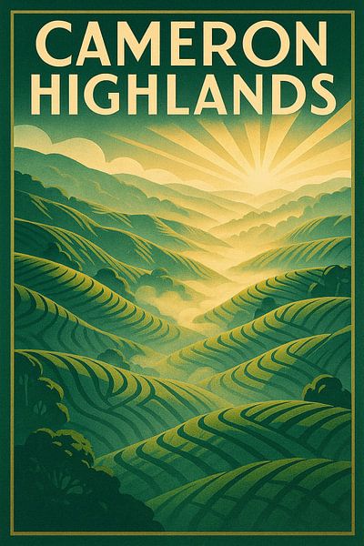 Poster Cameron Highlands - Plantation de thé vintage &amp;amp ; paysage de lever de soleil par Travel Shop