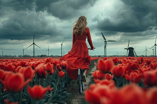 vrouw fietst door tulpenveld
