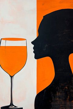 Silhouette with wine glass and orange background by Poster Art Shop