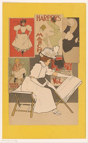 Zittende vrouw bekijkt prenten in een prentstandaard, Armand Rassenfosse, 1897
