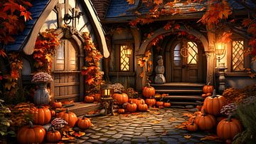 House with pumpkin decoration for Halloween in autumn by Animaflora PicsStock