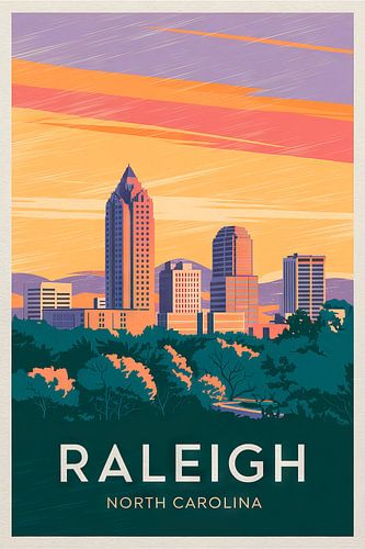 Affiche de voyage vintage de Raleigh, Caroline du Nord