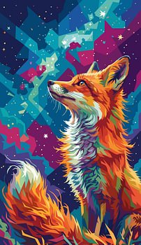 Affiche métallique « Red Fox See To The Moon » : illustration pop art en style WPAP