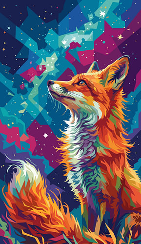 Affiche métallique « Red Fox See To The Moon » : illustration pop art en style WPAP