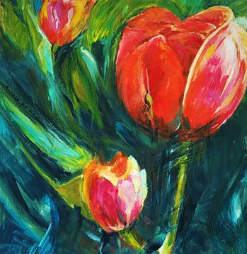 Rode tulpen . Handgeschilderd
