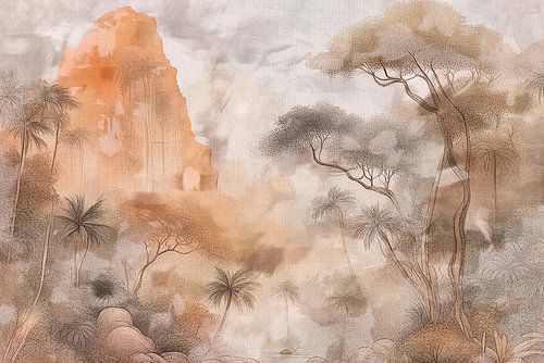 Abstracte jungle retro plantkunde. Regenwoud, grassen, bloemen en bladeren in blauw, grijs, beige, taupe