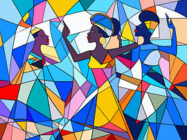 Œuvre d'art abstraite et colorée représentant des femmes africaines en train de danser sur STUDIO ARTSY