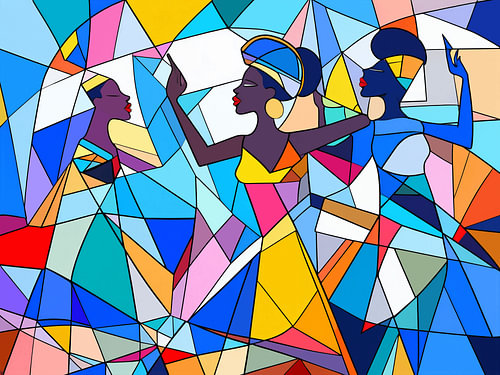 Kleurrijk abstract kunstwerk met dansende Afrikaanse vrouwen